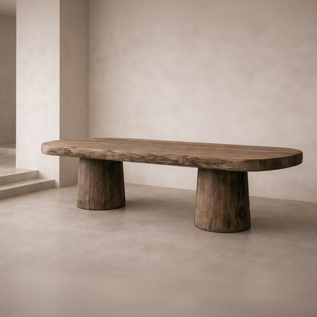 Reclaimed wood dining oval table with a natural finish on a plain background