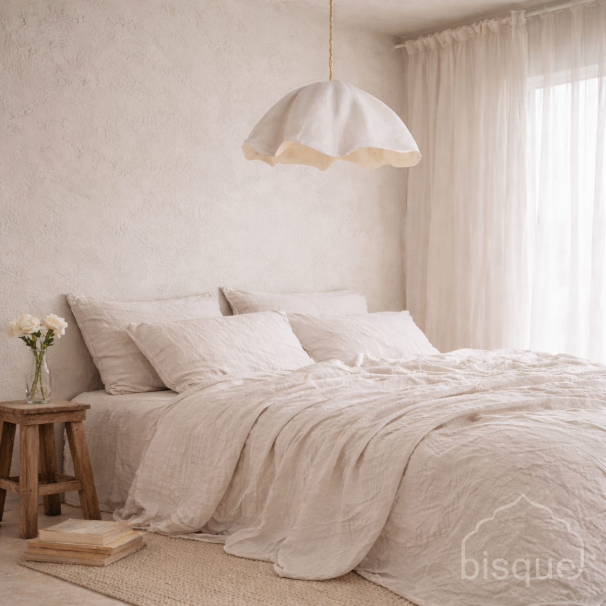 Ariana resin white pendant hangin over a bed with beige bedding in a softly lit bedroom.