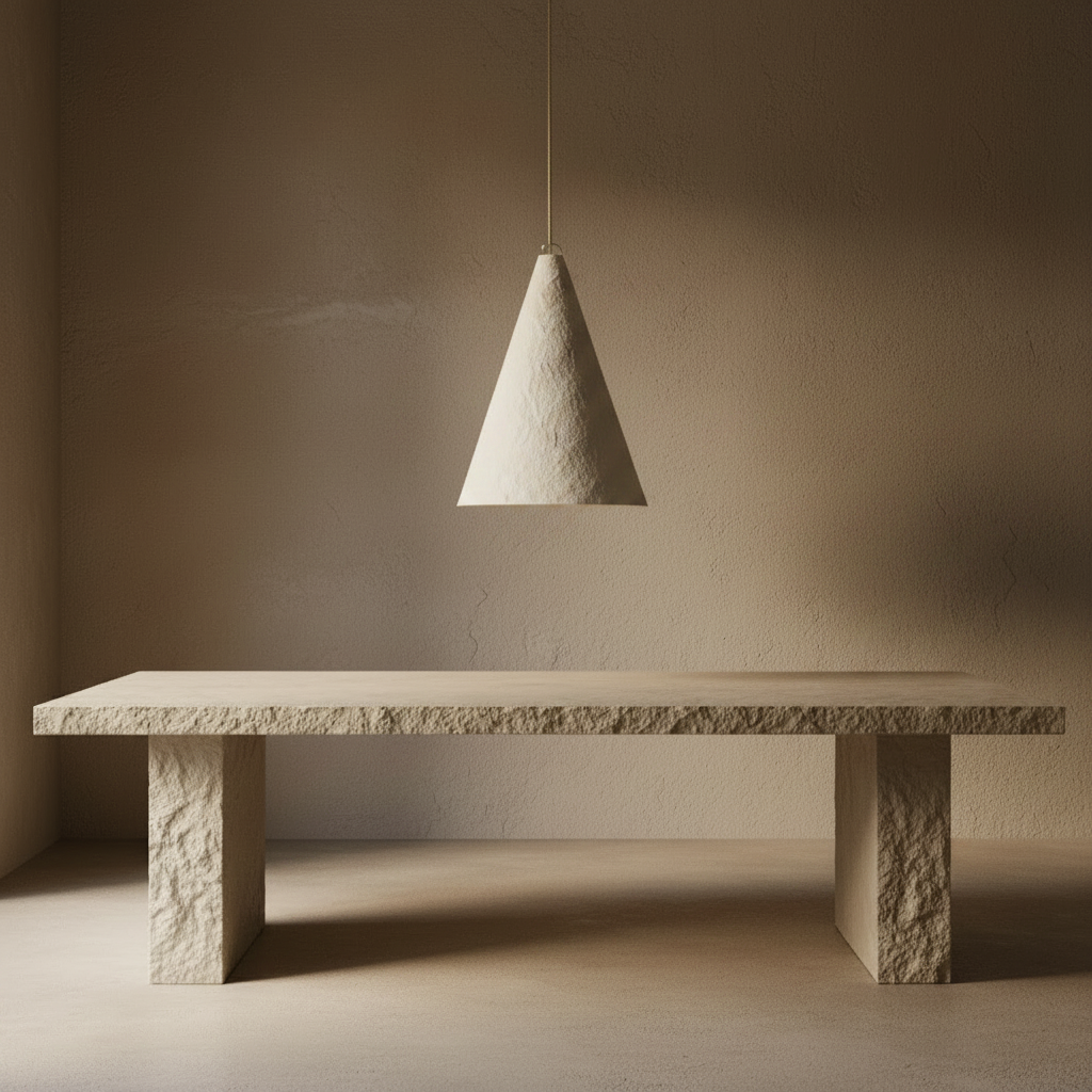 A textured white cone-shaped pendant light hanging from a thin cord against a warm off-white background.