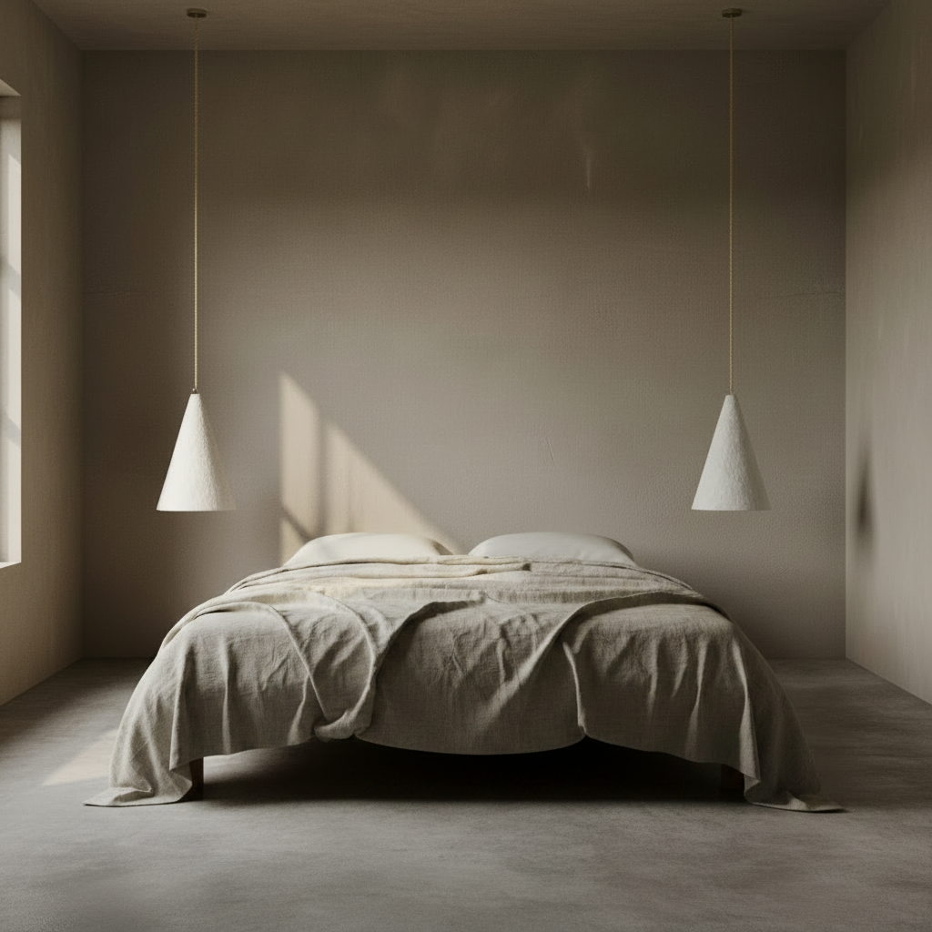 A cone-shaped pendant light with a textured, rough white paper finish, suspended by a thin beige cord against a solid, warm off-white background bedroom scene.