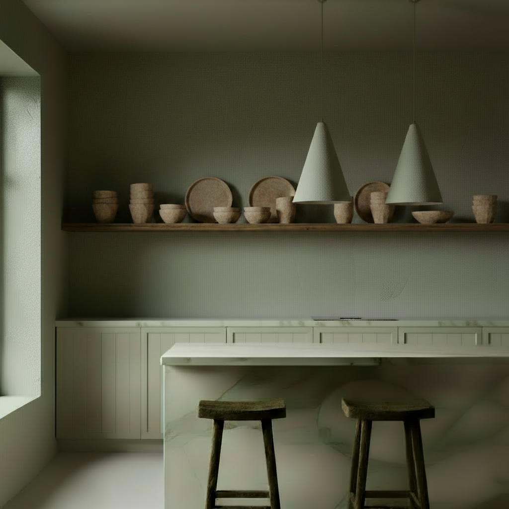 A textured white cone pendant light hanging from a thin cord against a warm beige background.