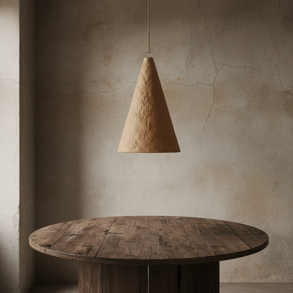 A textured, cone-shaped pendant light in a natural tan color, suspended by a thin cord against a solid, warm off-white background.
