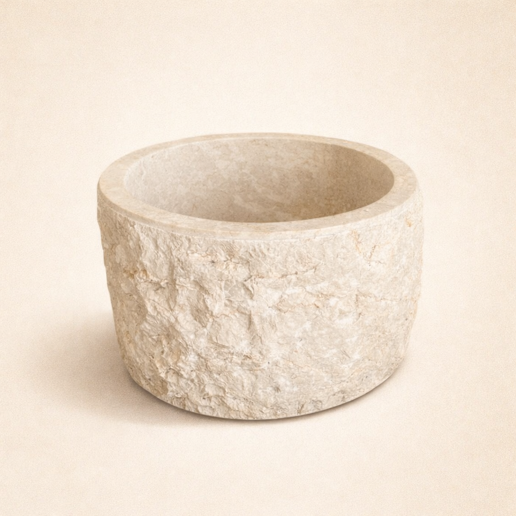 Basin: Ashon, Round 44cm diam x 25cm high Raw Cream Marble basin