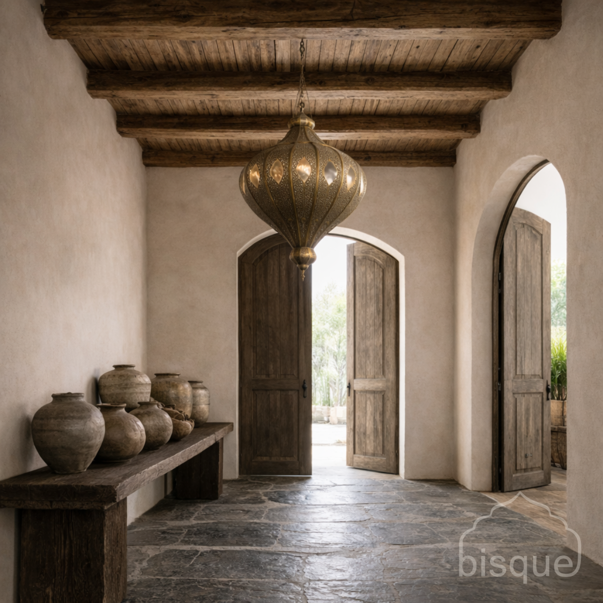 A rustic interior with a large brass Atlas hanging pendant light, stone bench, and open doors leading outside.