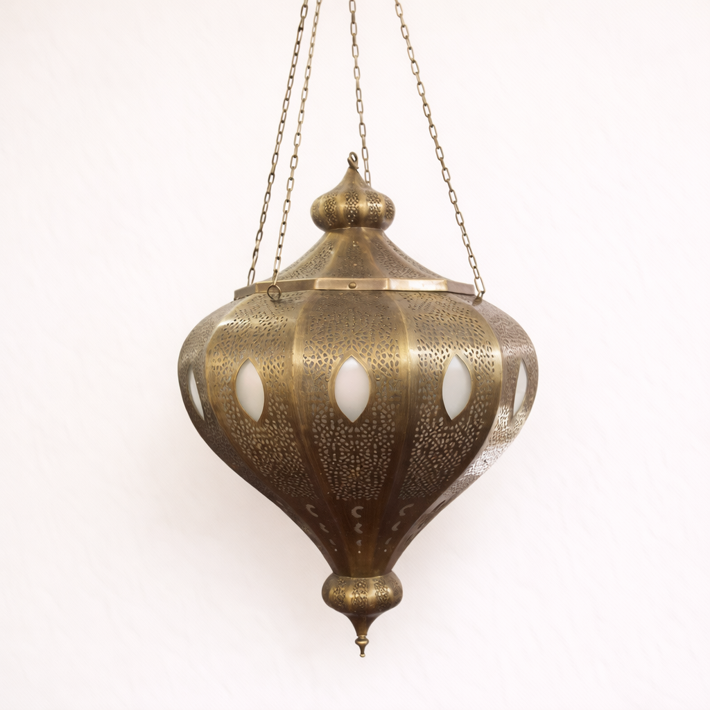 Brass hanging large Atlas Pendant Light with intricate patterns on a white background