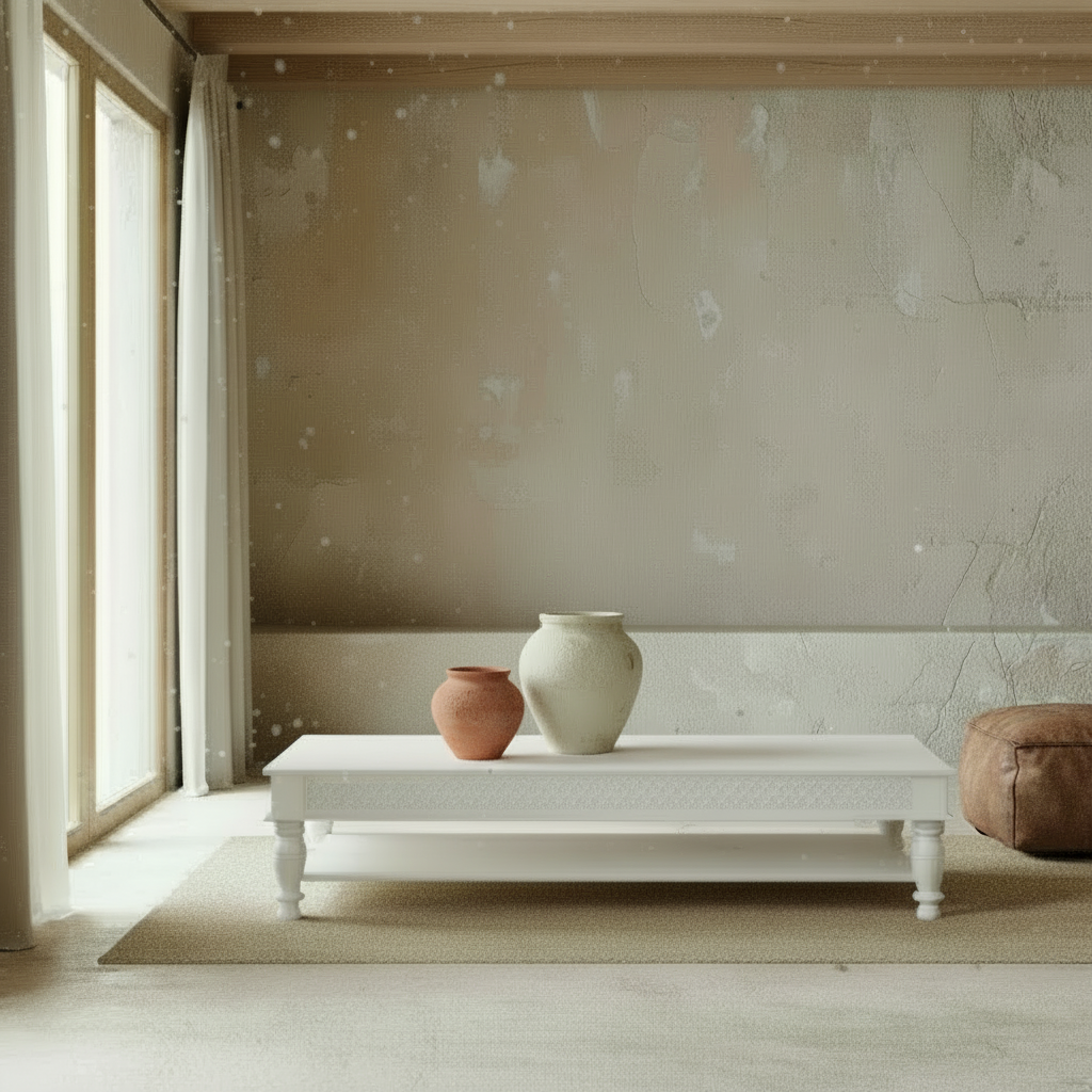 Ava white carved teak wood coffee table, bisque, byron bay, wabi sabi furniture.