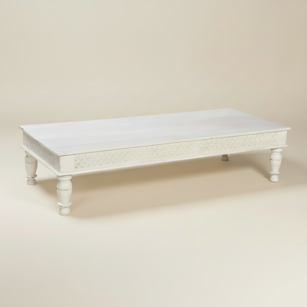 Ava Carved Indian Teak white coffee table, eclectic, bisque, byron bay