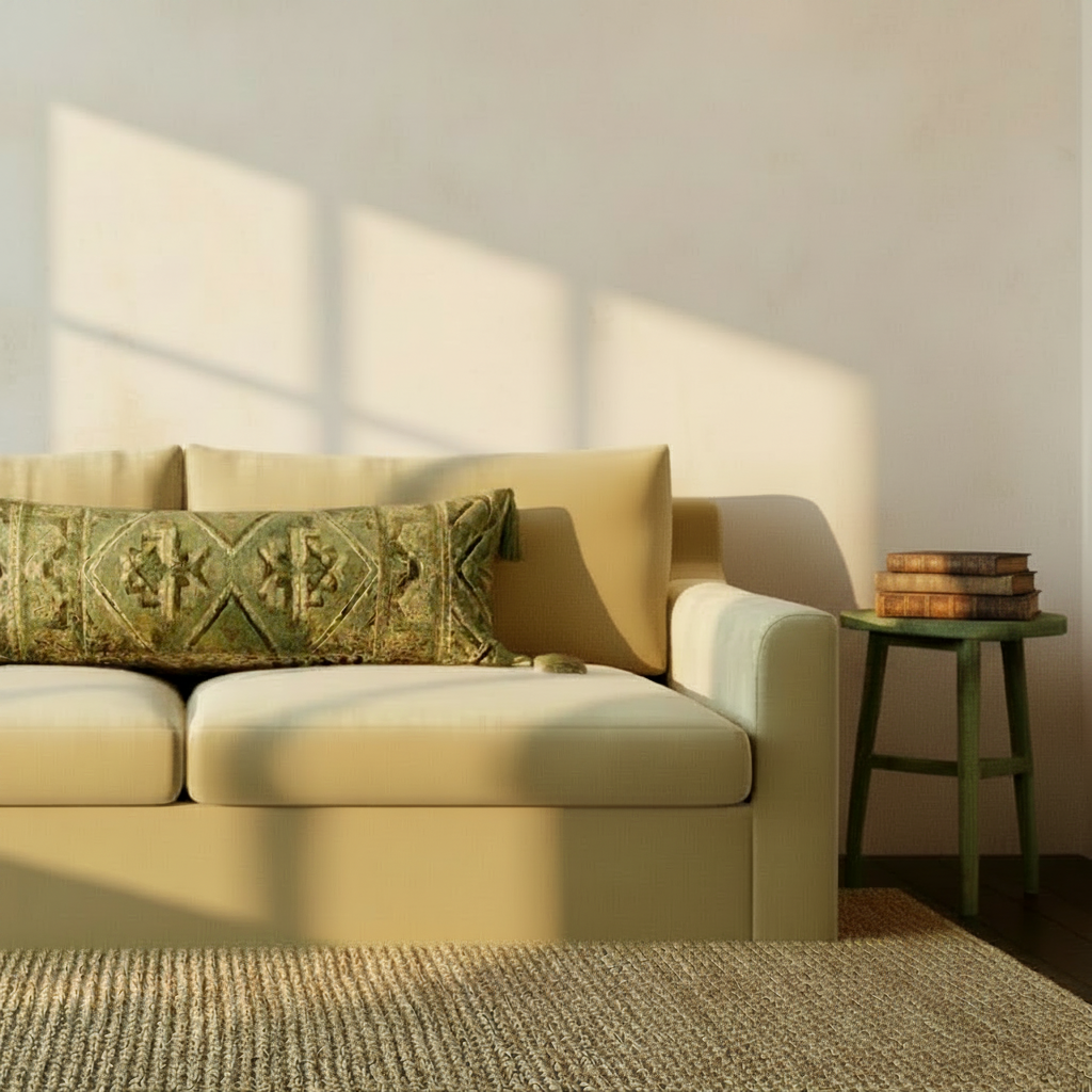 Awesi bleach teak three leg side table next to sofa scene, Bisque.