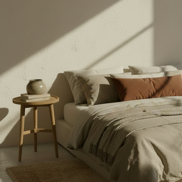awusi natural wood three leg side table bedroom scene