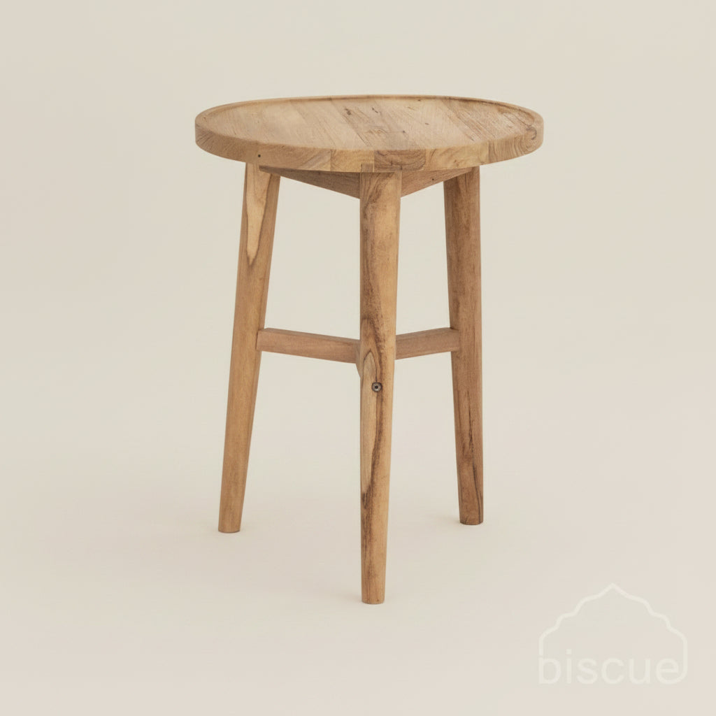 Awusi wood three legged side table in natural wood