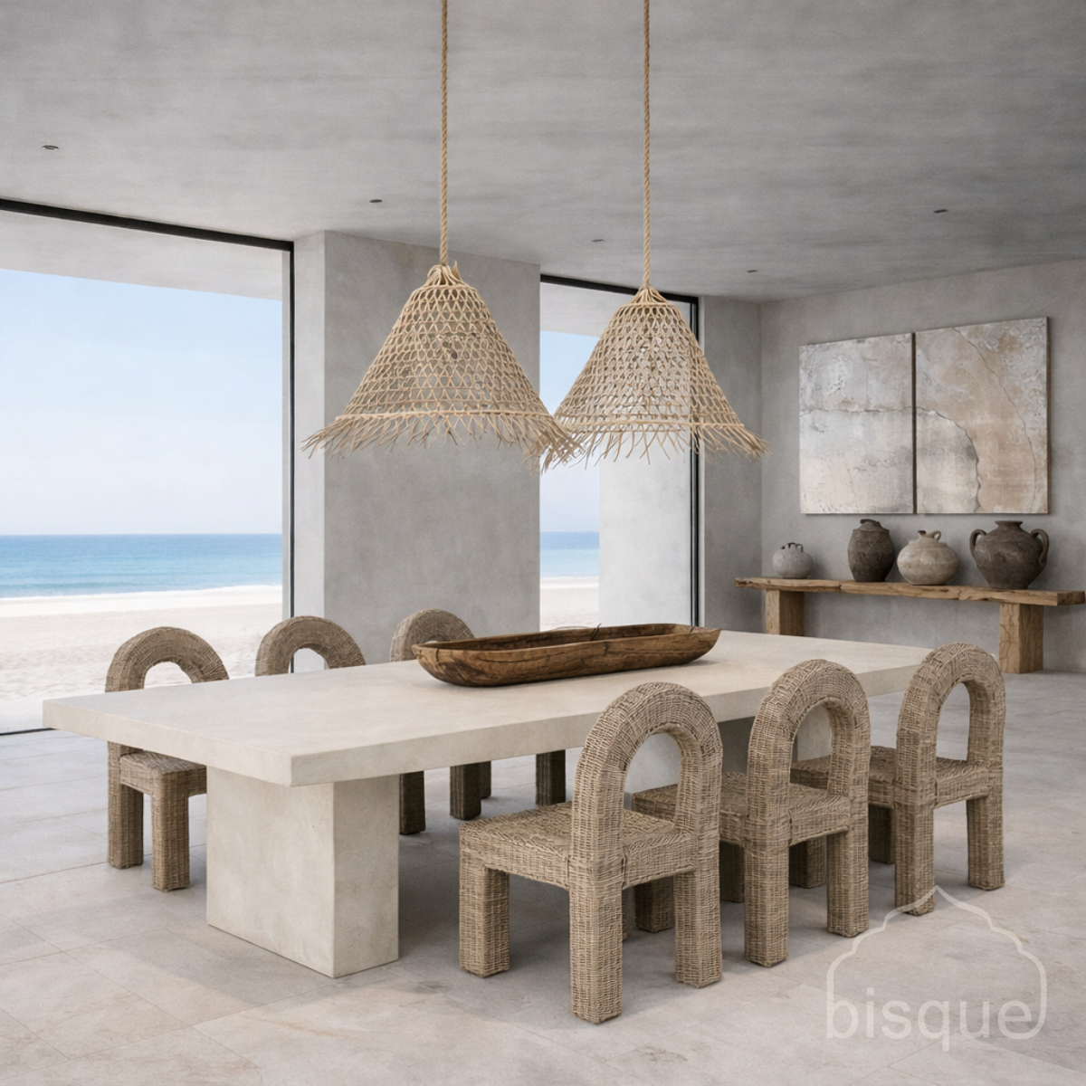 Dining area with a stone table and wicker chairs in a modern interior setting. Rattan lights. Ocean view.