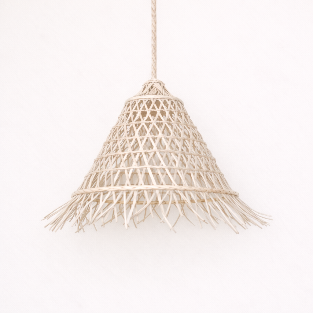 Woven whitewashed rattan cone small pendant light on a white background