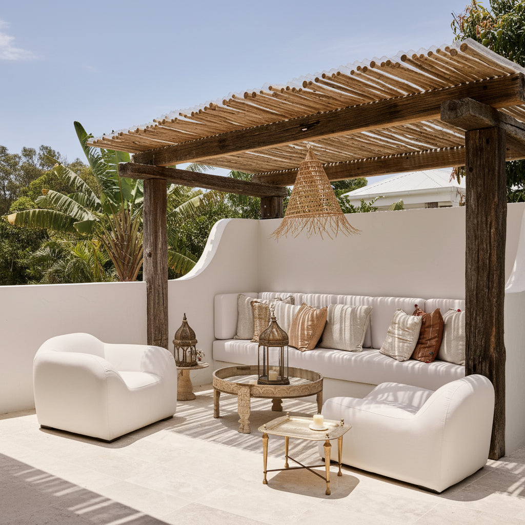 outdoor seating area with Bakaro cone shaped pendant lights.