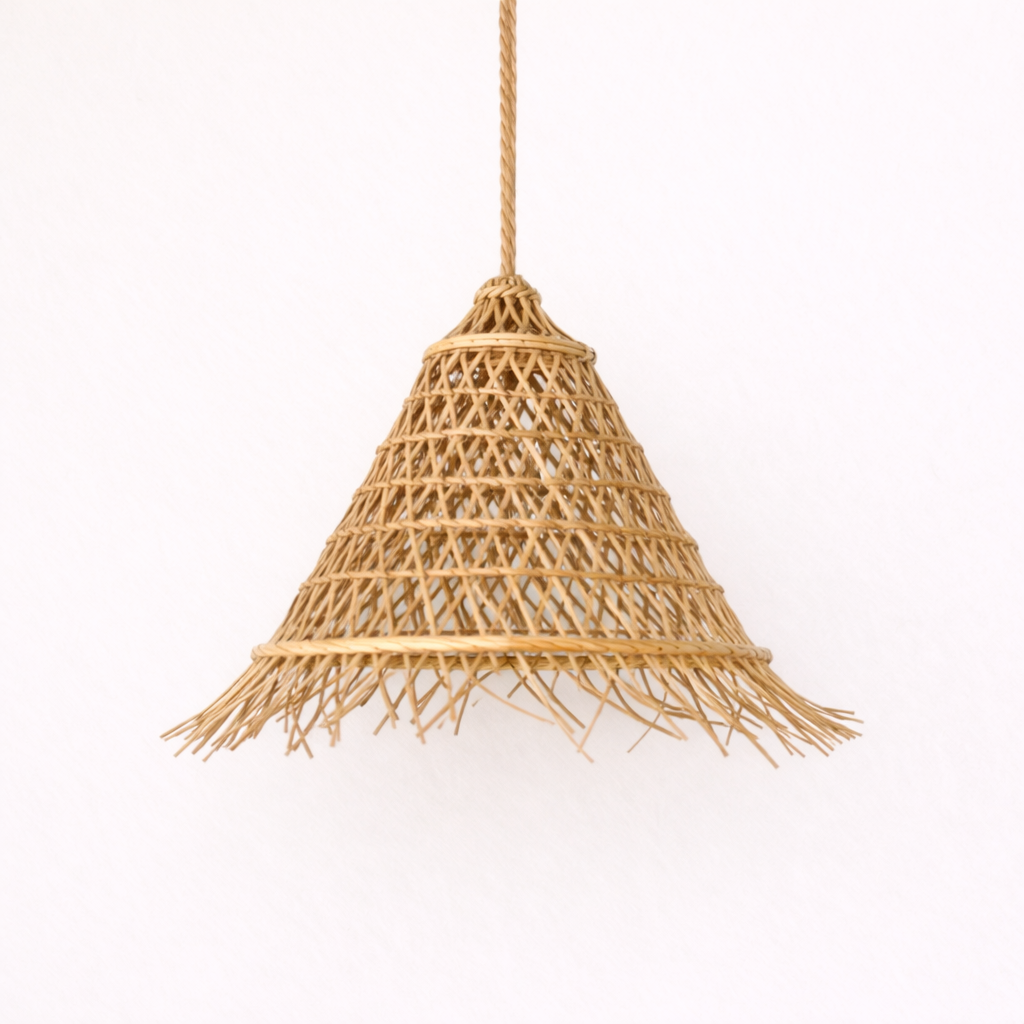 Woven cone shaped Bakaro rattan pendant light on a white background