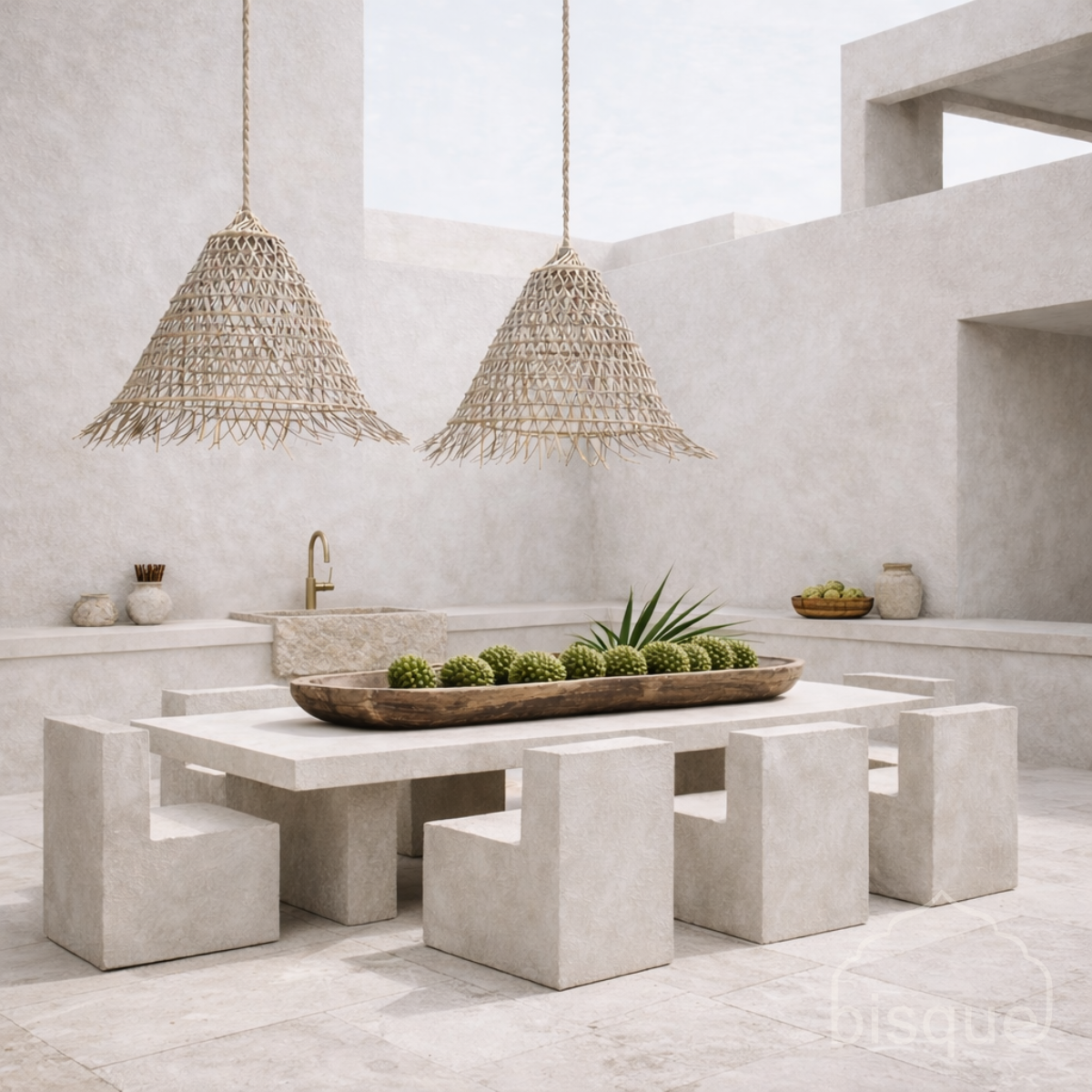 Modern outdoor setting with concrete furniture and rattan cone shaped Bakaru pendant lights.