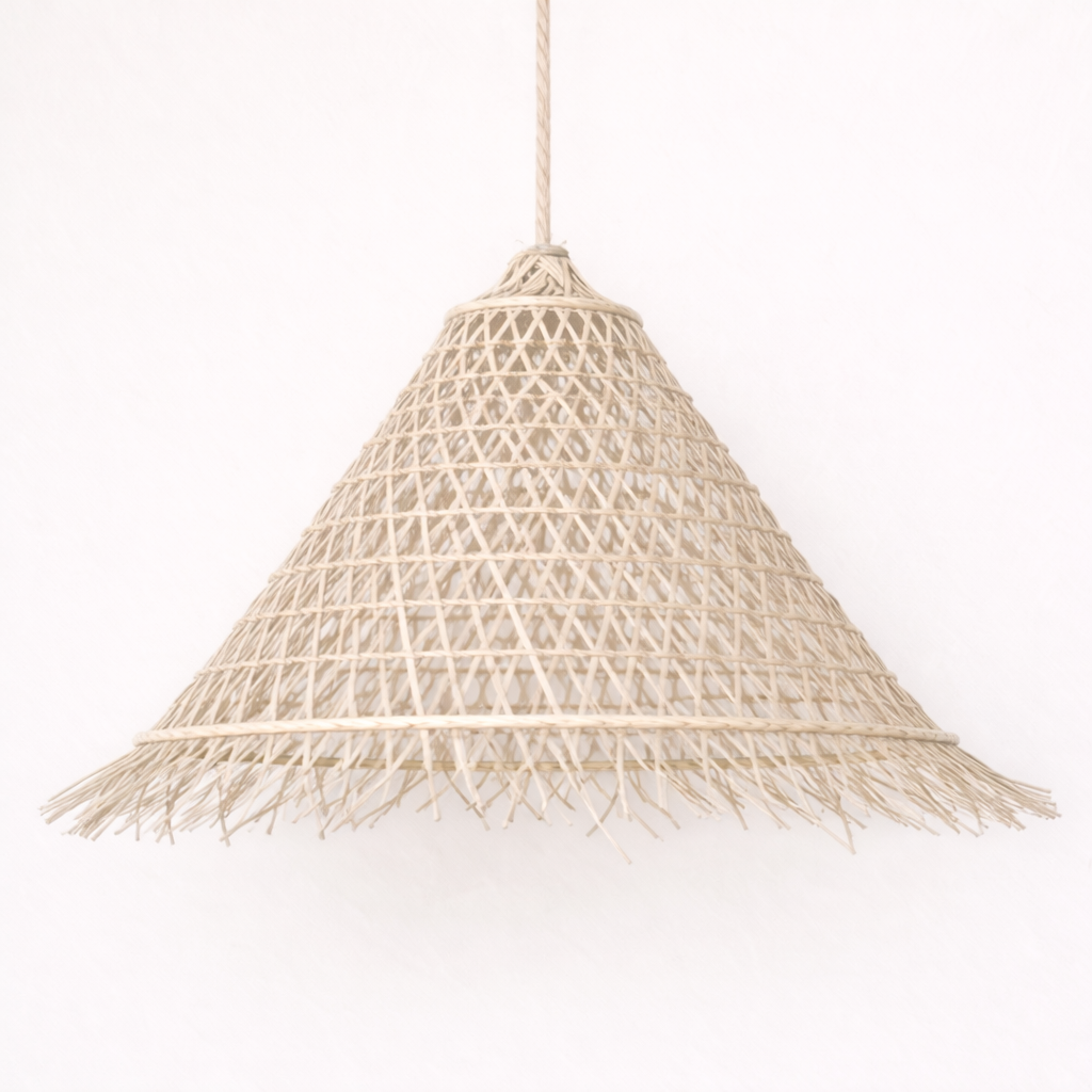 Woven Bakaru Cone pendant light with fringe on a white background