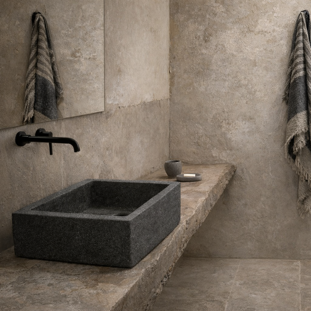 Marble basin: Balé Basin, Charcoal Hammered Exterior Marble Basin