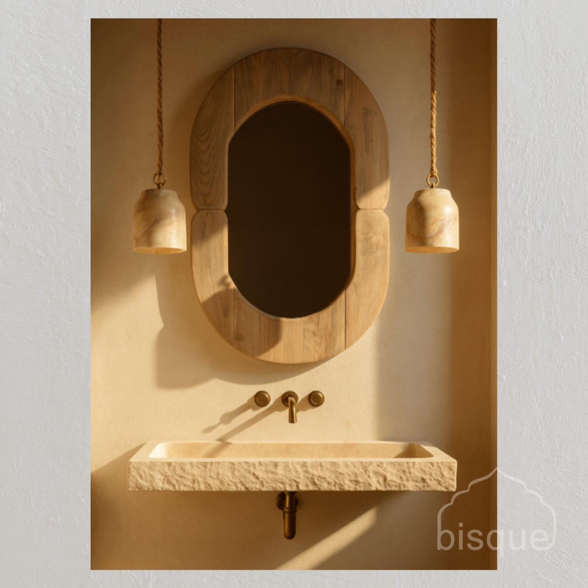 Bathroom setup with a wooden mirror, stone sink, and hanging lights.