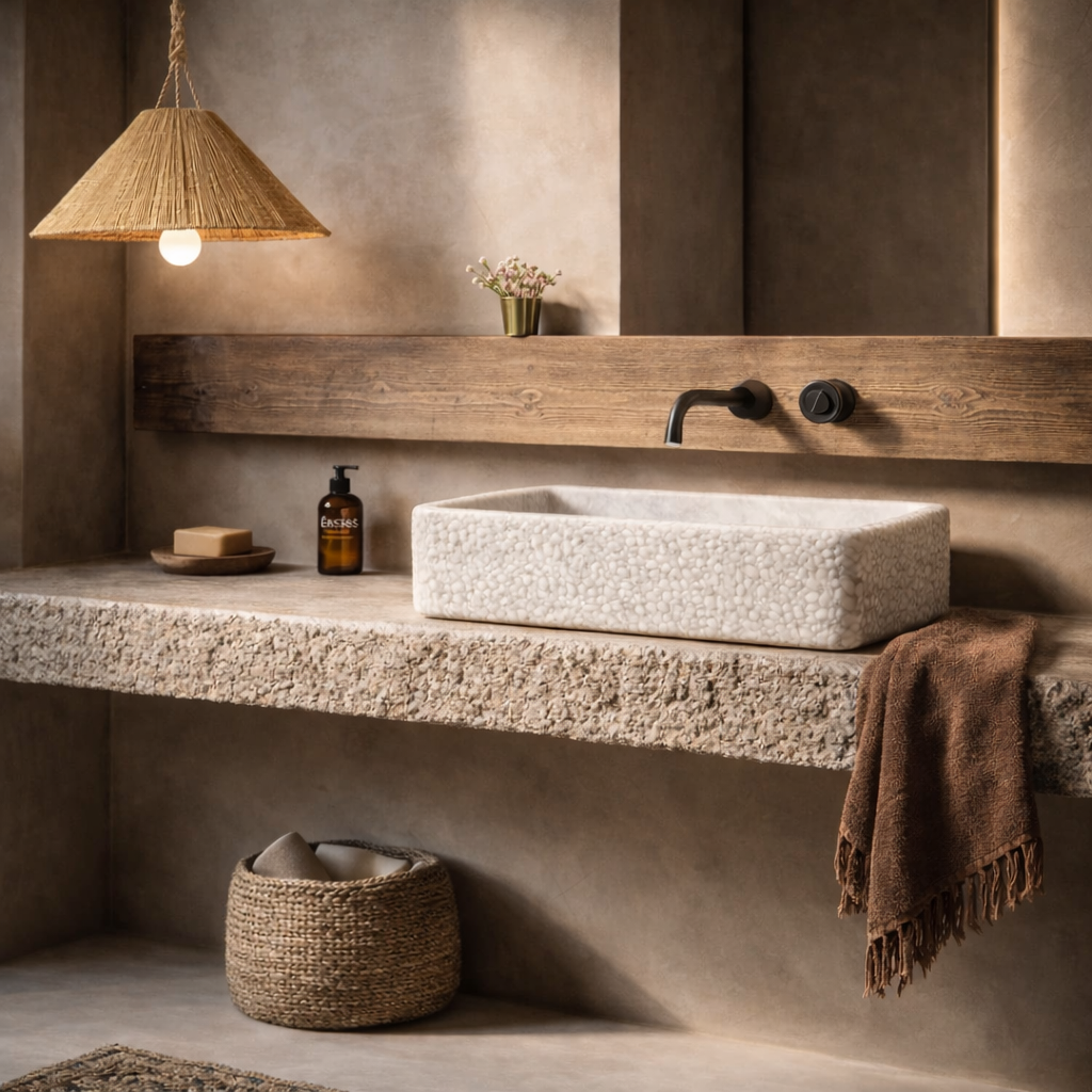 bante 70 x 40cm hammered cream marble basin, wabi sabi, bisque