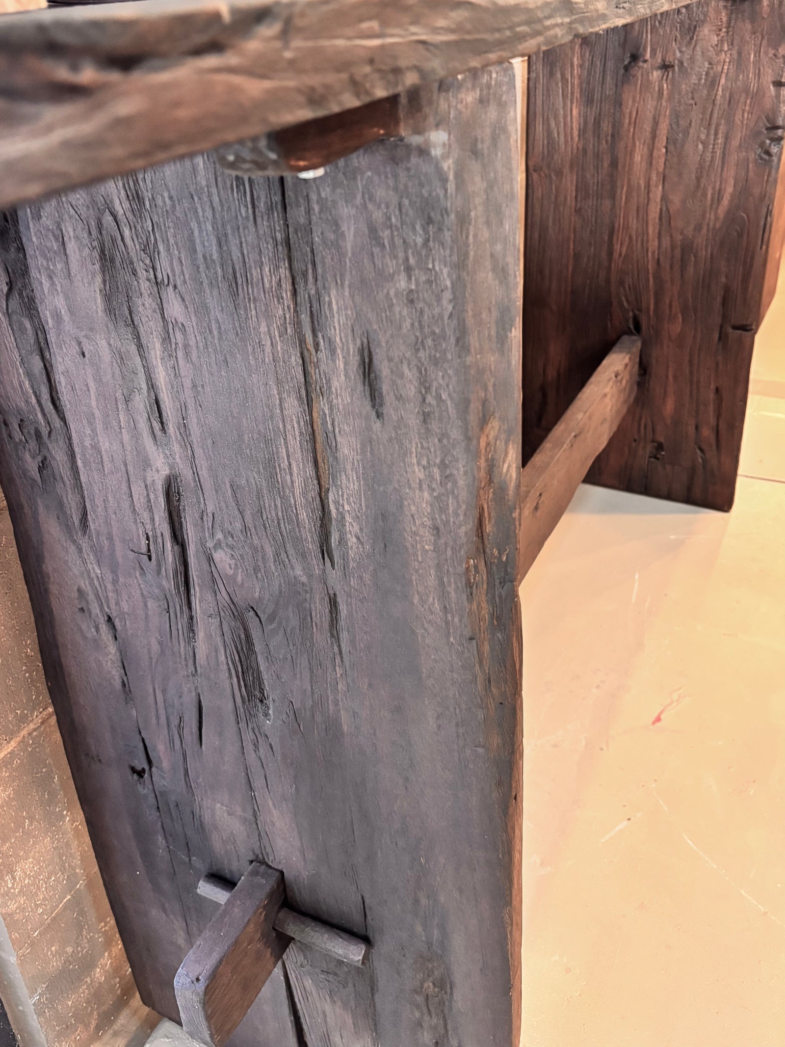 bari reclaimed teak wabi sabi console close up leg detail