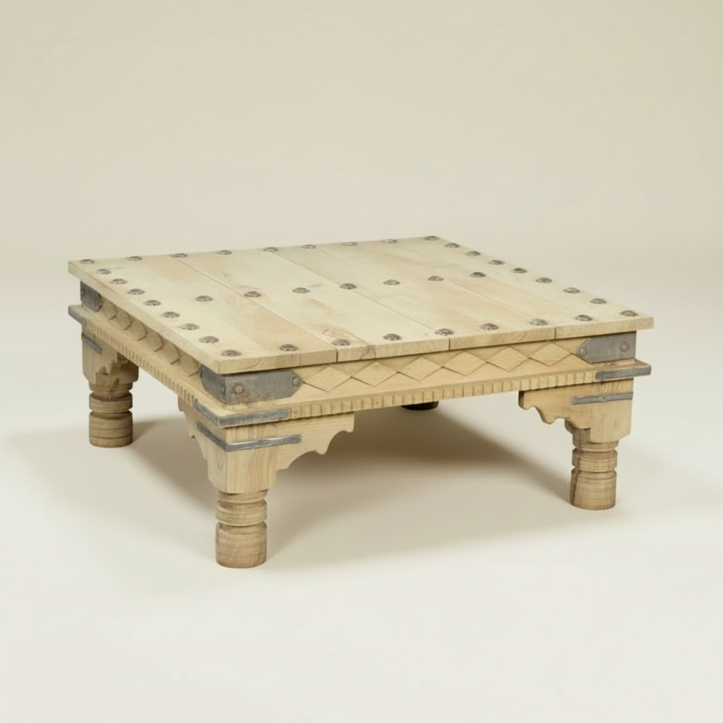 beeja carved indian square 104cm coffee table, bisque