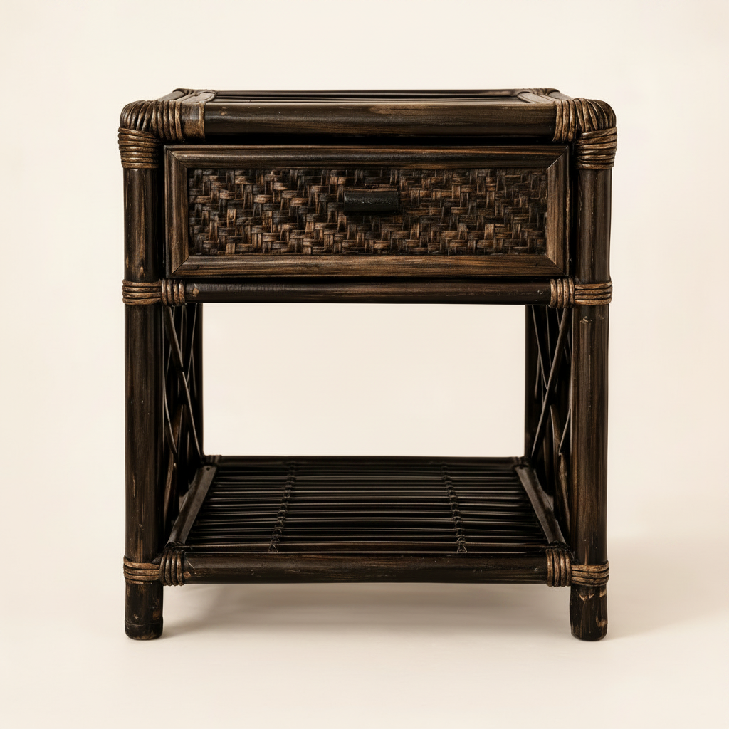 Dark wicker nightstand with a drawer on a beige background