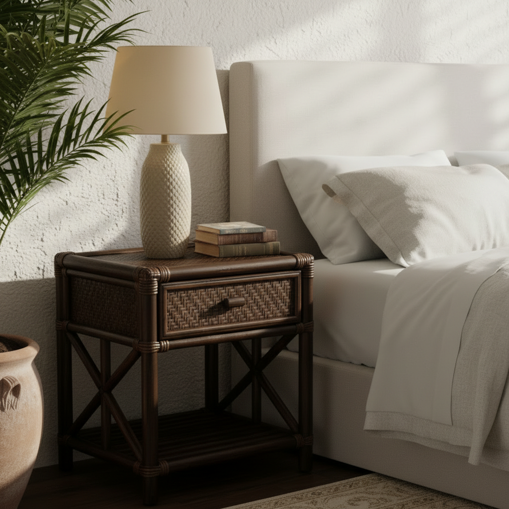 Dark wooden side table with woven design on a white background