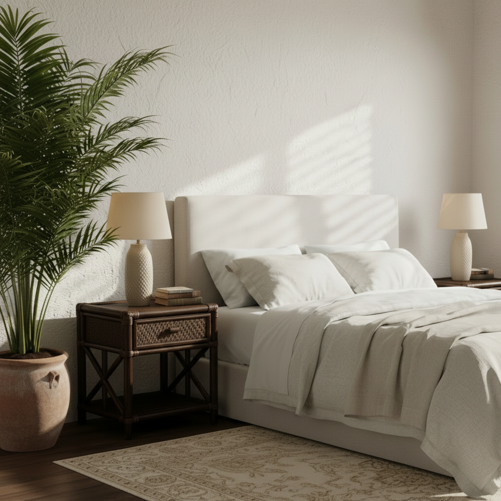 Neatly made bed in a bedroom with two nightstands and lamps.