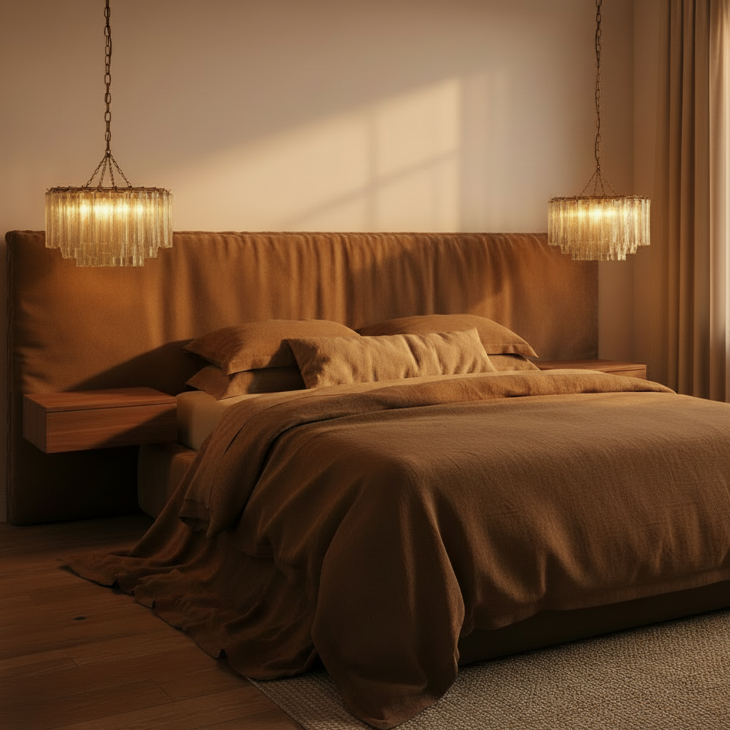 A modern cylindrical chandelier featuring clear ribbed glass tubes suspended from a dark metal frame and chain, set against a light beige textured background.