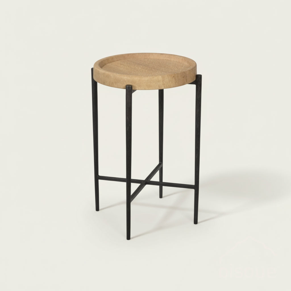 side table, natural toned, stone table top on black metal legs