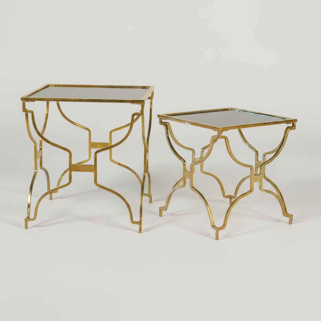 Vera : Set/2 Metal with Brass Finish Moroccan Style Side Table with a Smokey Glass Top