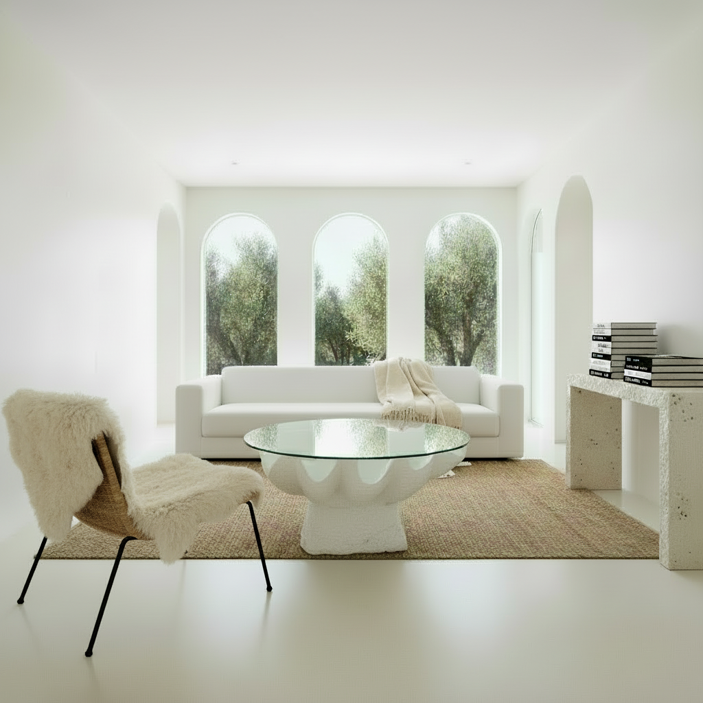A white resin clam coffee table 80 cm with a glass top, wabi sabi, Bisque