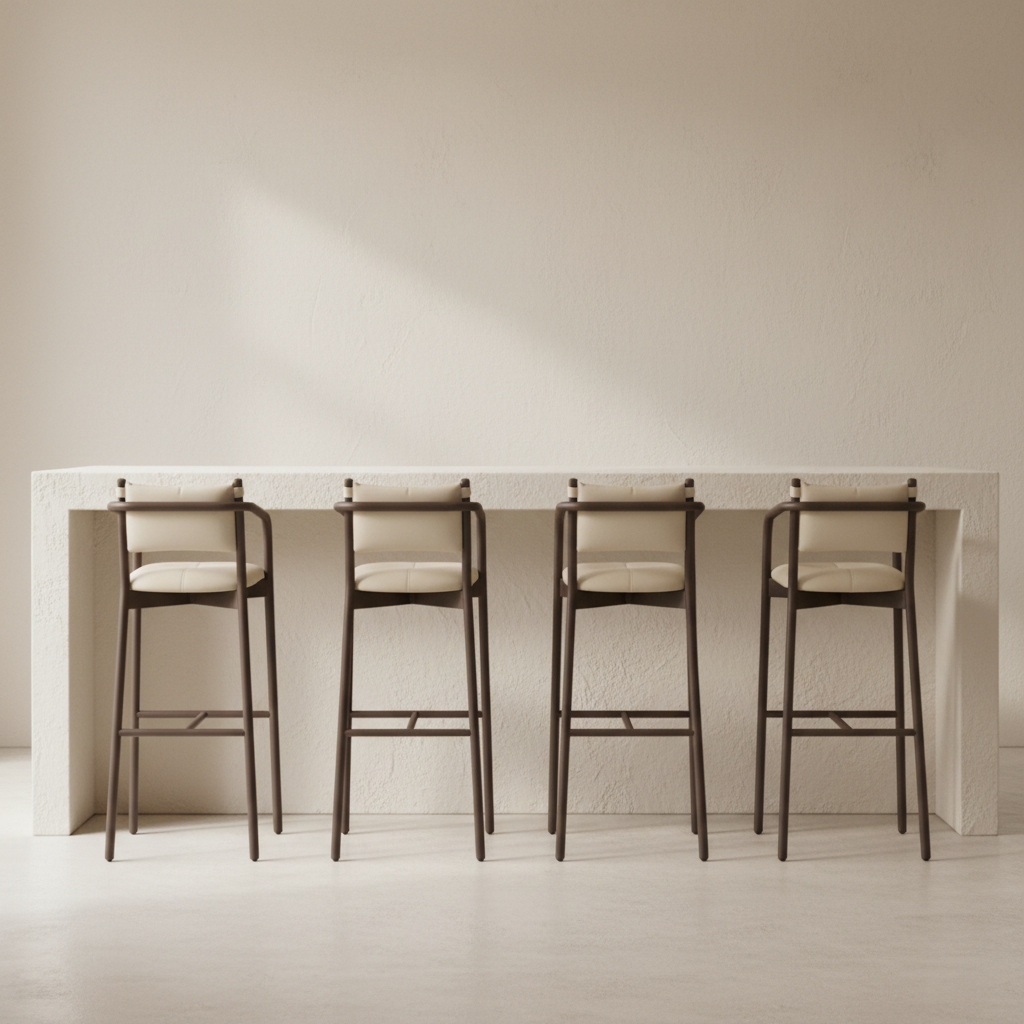 Buono Cream Leather Brown Wood Frame Barstool, Wabi Sabi, Bisque