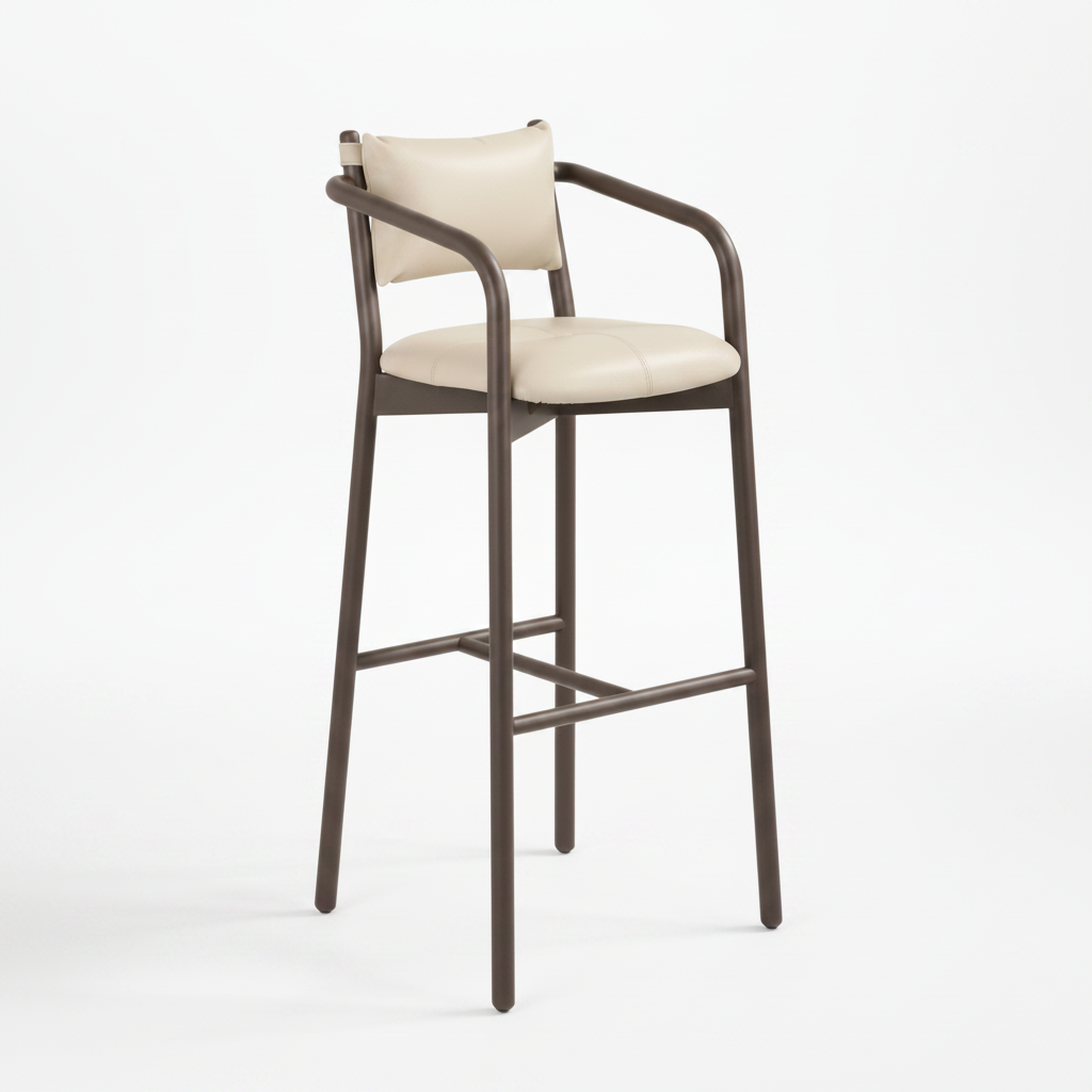 Buono Cream leather Brown Wood Frame Barstool, Wabi Sabi, Bisque