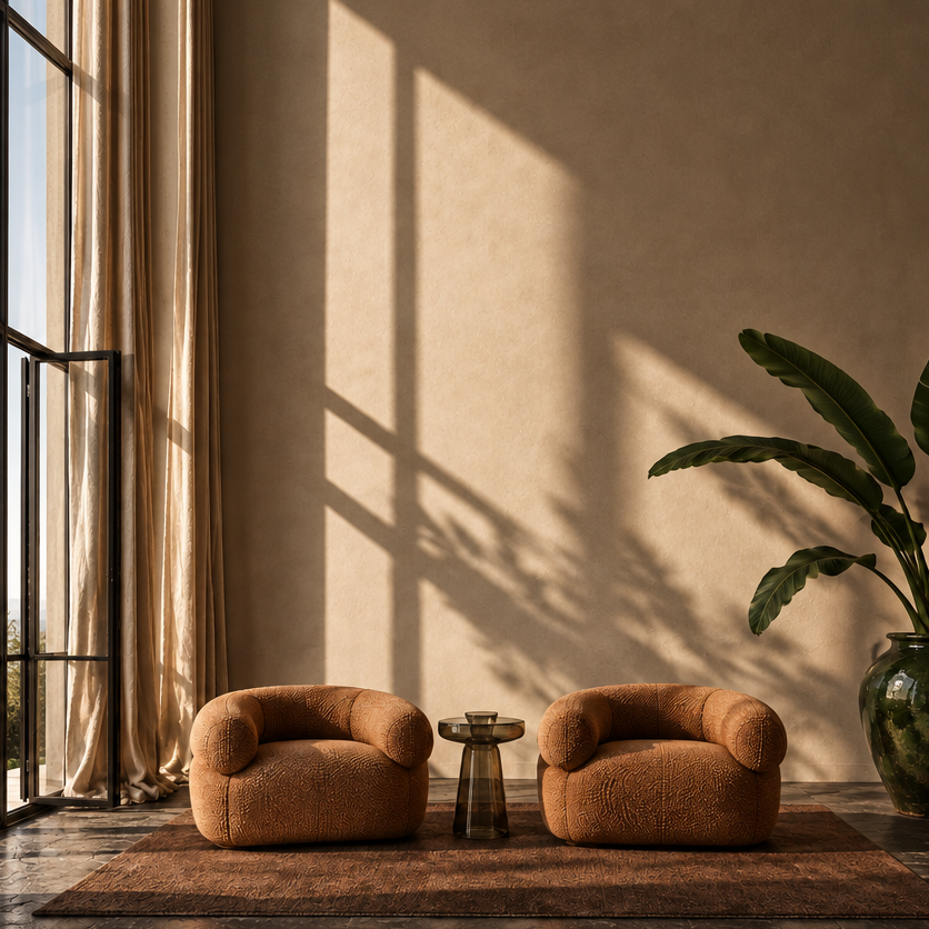 Two rounded tan armchairs with textured upholstery sit on a brown rug in a sunlit room with a small side table between them, a large potted plant on the right, and tall windows with curtains on the left.
