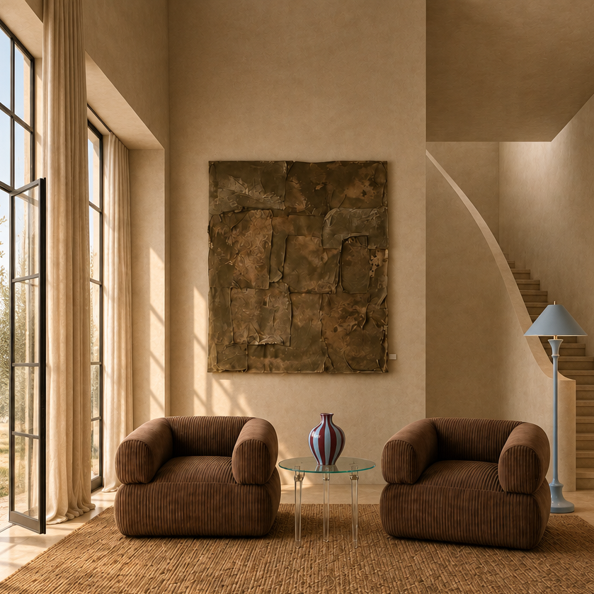 A minimalist interior scene featuring two brown corduroy armchairs flanking a small round stone coffee table on a large woven rug, with a textured abstract wall art piece hanging above and a staircase in the background.