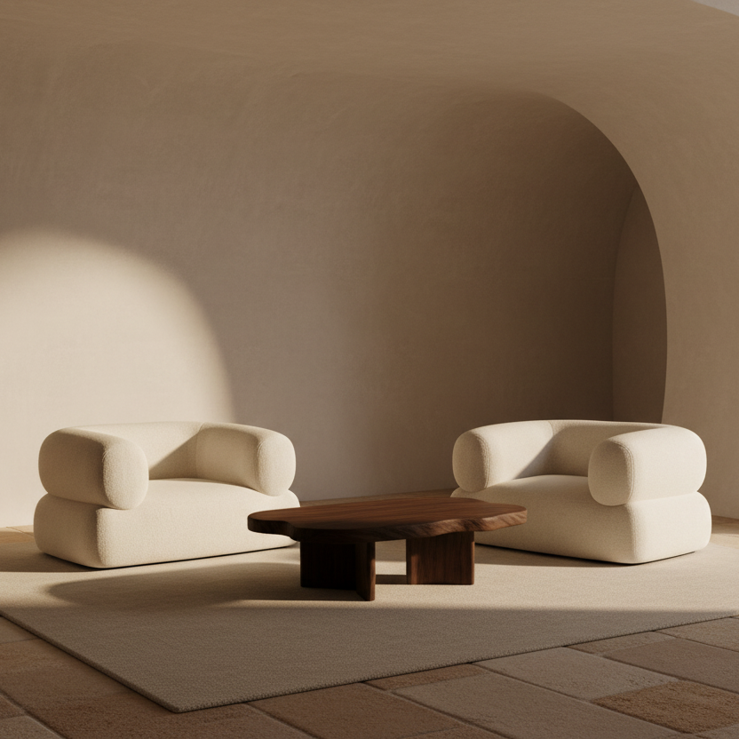 A modern low-profile lounge chair upholstered in a soft, textured cream fabric, featuring rounded cylindrical armrests and a thick cushioned base, set against a solid warm beige background.