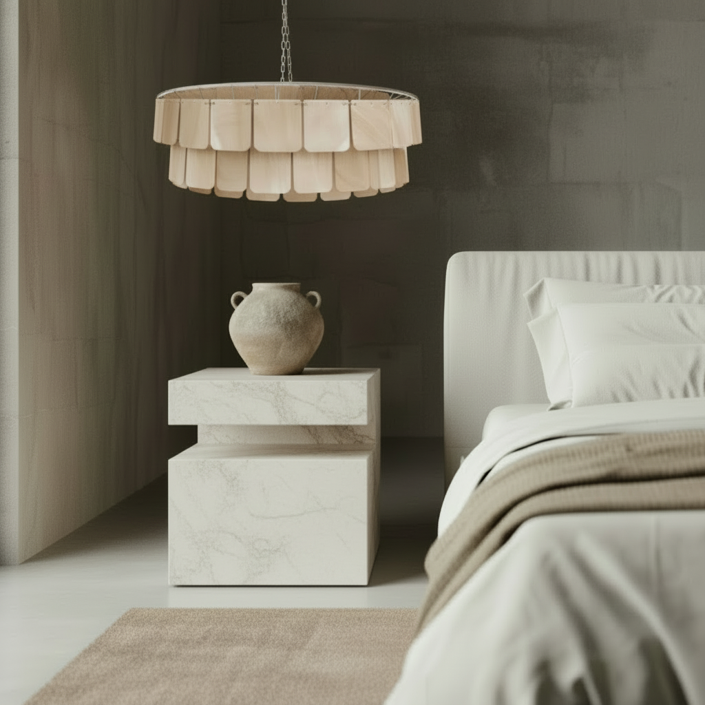 Modern bedroom with a bed, nightstands, and pendant lights against a concrete wall.