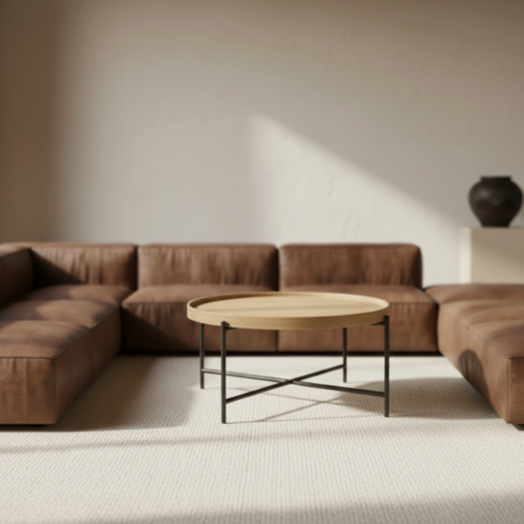 round brown stone coffee table with a black iron base 102cm