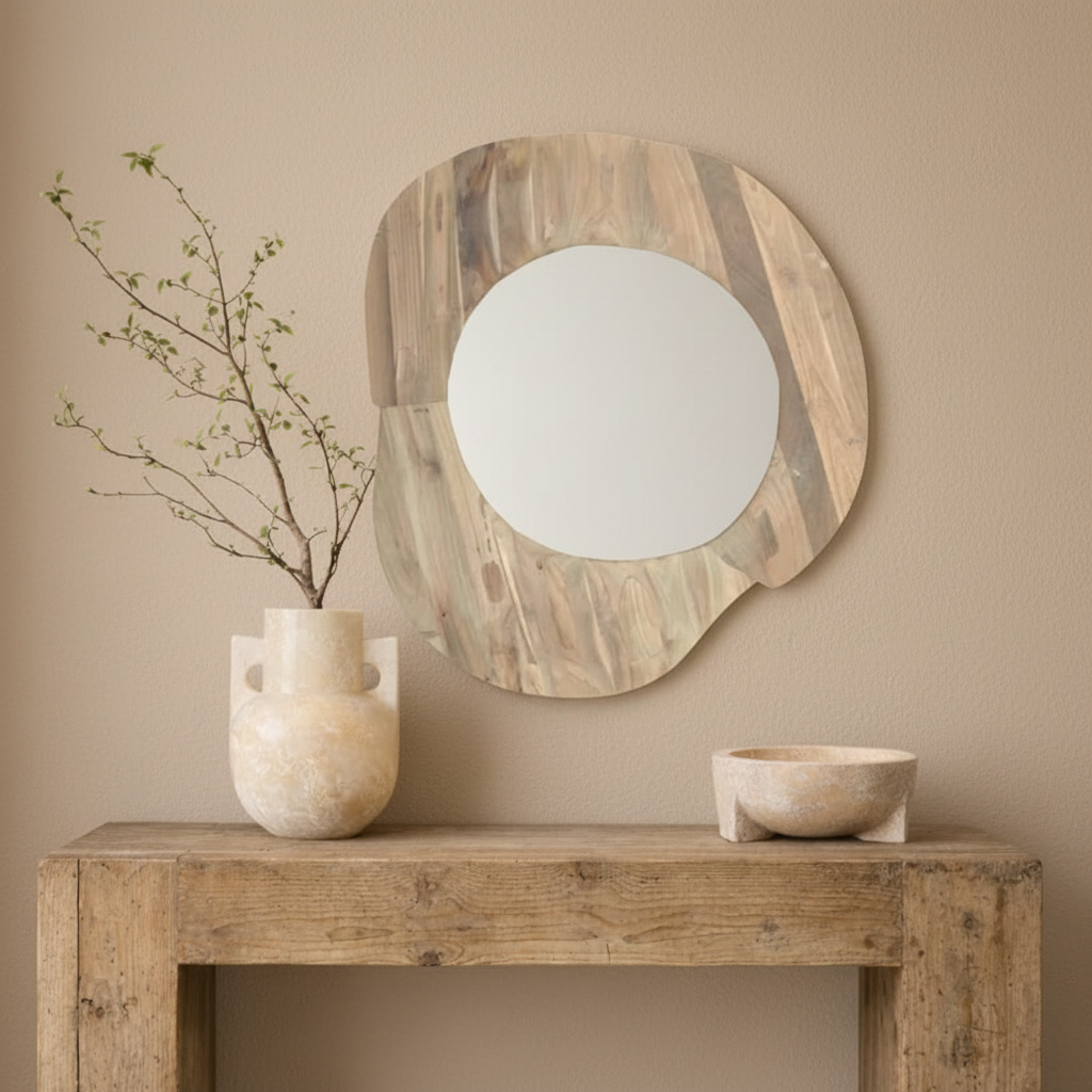 Mirror : Hennie : Asymetrical Organic Shaped Recycled Teak Mirror, 80cm
