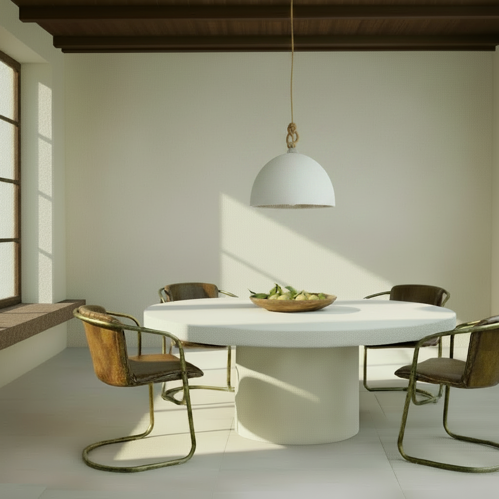 Dining room with a round concrete table and chinara clay & rattan pendant lights.