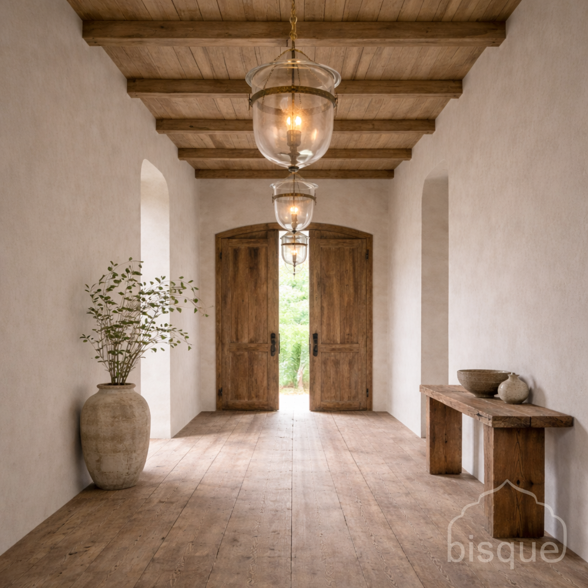Narrow hallway with wooden doors, glass bowl Chloe pendant lights, and a vase with plants.