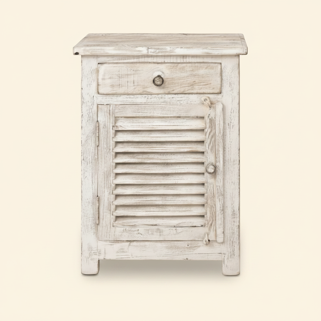 White distressed wooden side table with a drawer and shutter door on a beige background