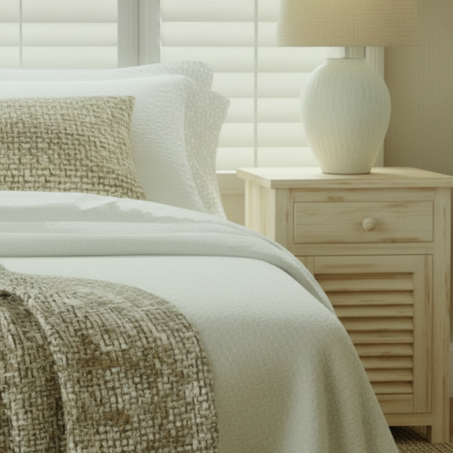 Bedroom with white shutters, nightstands, and a textured throw blanket.