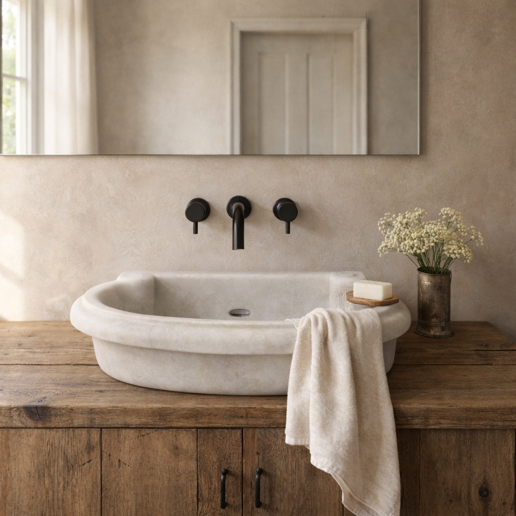 daksha white oval marble hamam style basin, bisque, wabi sabi