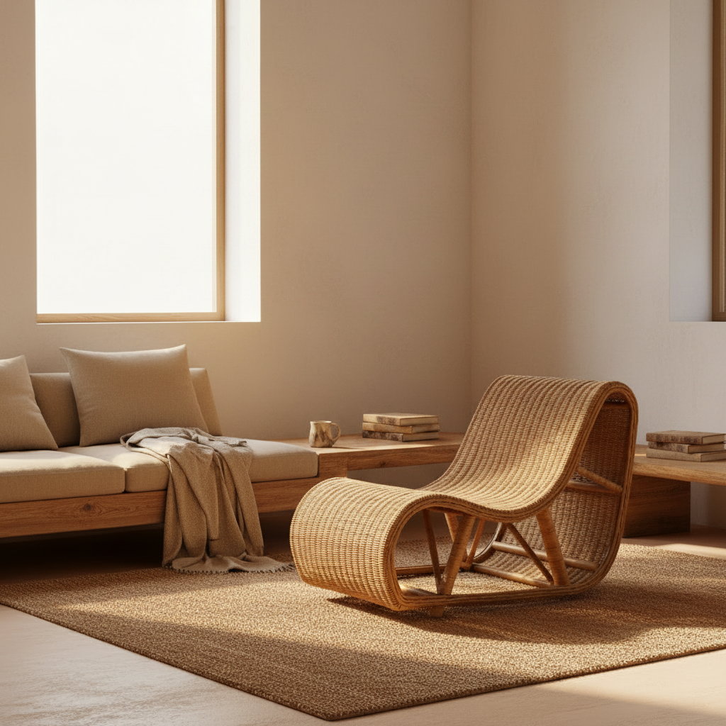 Dawit slug shape rattan occasional chair, natural. Bisque Traders.