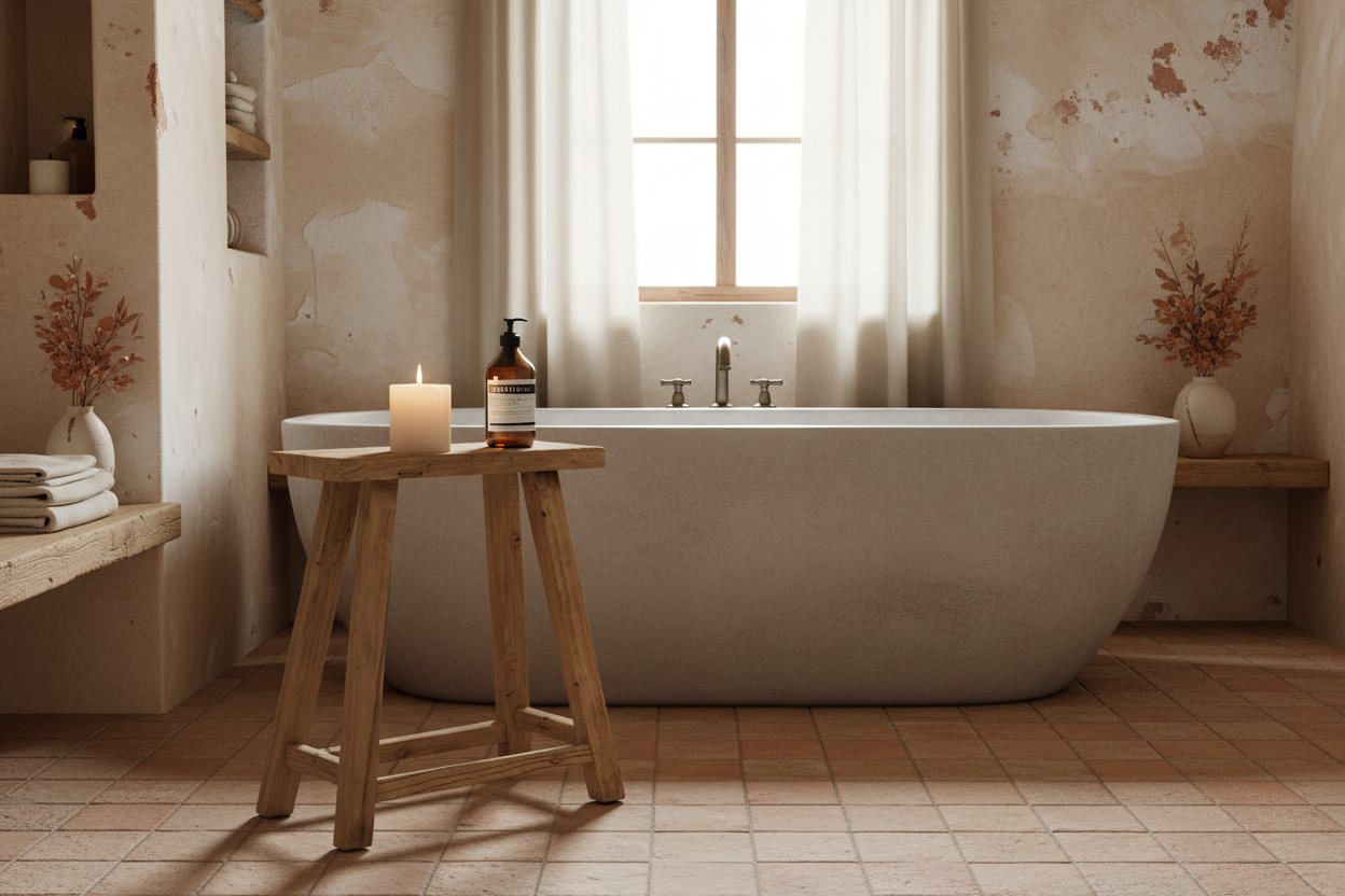 dewei low recycled pine long stool bathroom scene