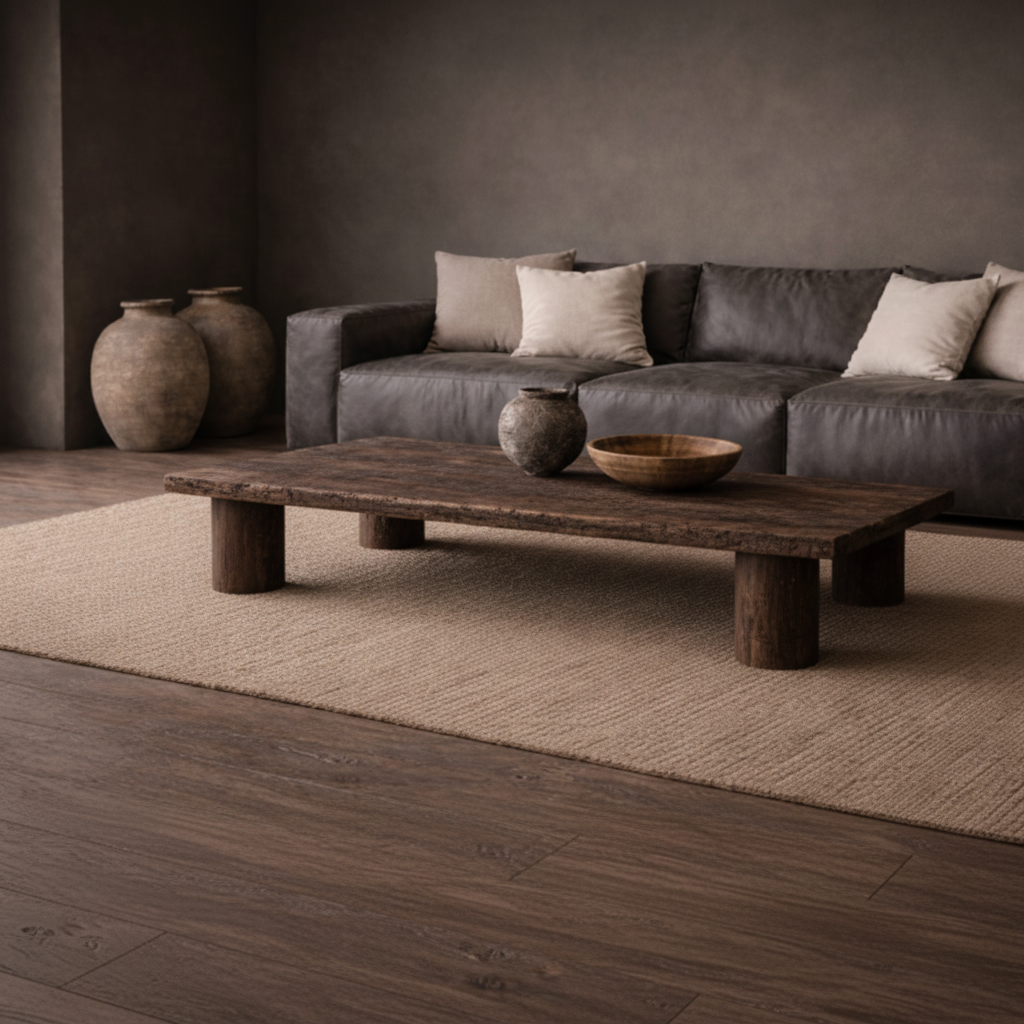 Gray leather sofa with beige cushions in a room with a dark wall and Reclaimed Wood Naga Dark Coffee Table Wabi Sabi style.