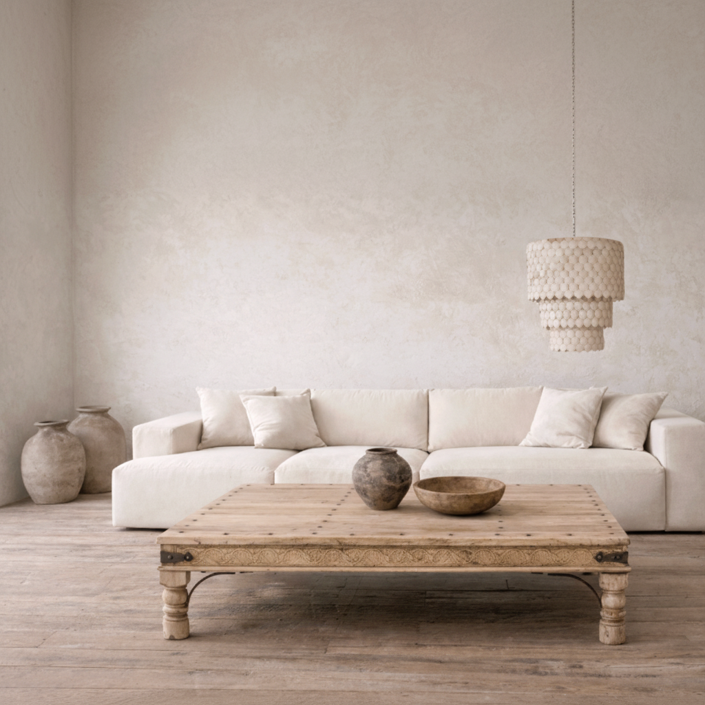 Durai Indian Carved coffee table featuring metal work, wabi sabi furniture, byron bay, bisque
