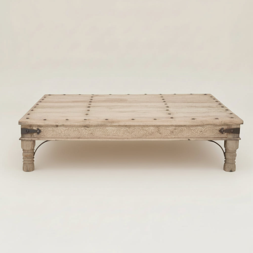 Carved Durai Indian Large Coffee Table featuring carved filagree, studs and metal work, Bisque